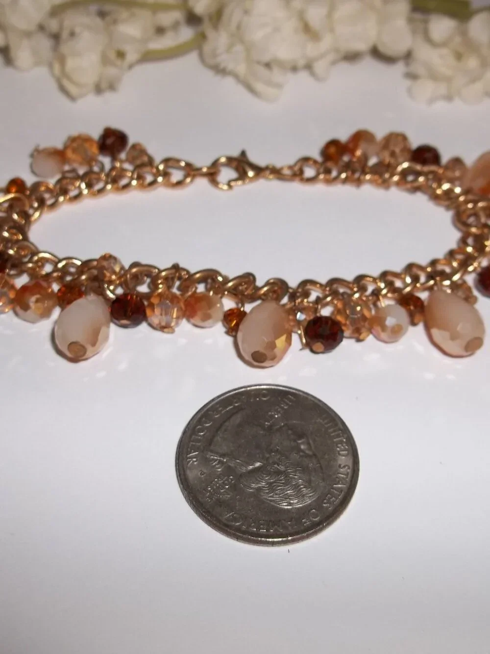 Bracelet Beaded Gold Tone with Peach Orange Cream Aurora Borealis Beads D574